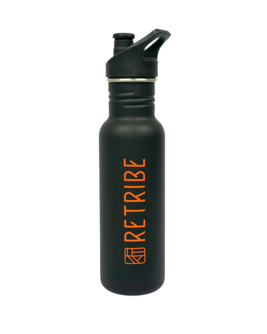 The image is off a black water bottle, with a black plastic sports cap and a vertical Retribe logo in bright orange on the body.