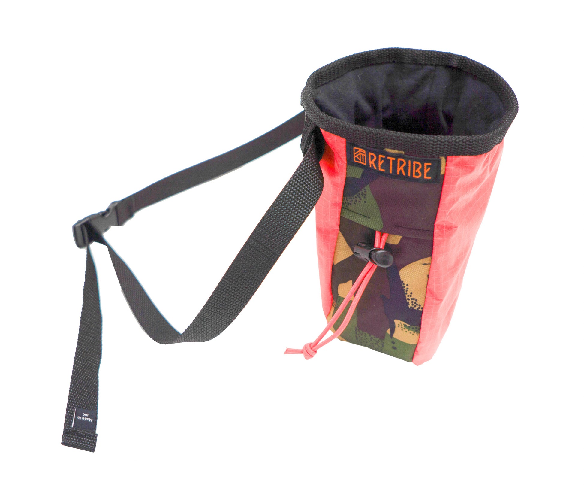Chalk bag, made from salvaged Tents. With sides made from salvaged pink deadstock fabric. With woven a Retribe badge on the side. Black webbing waist strap with made in the UK label