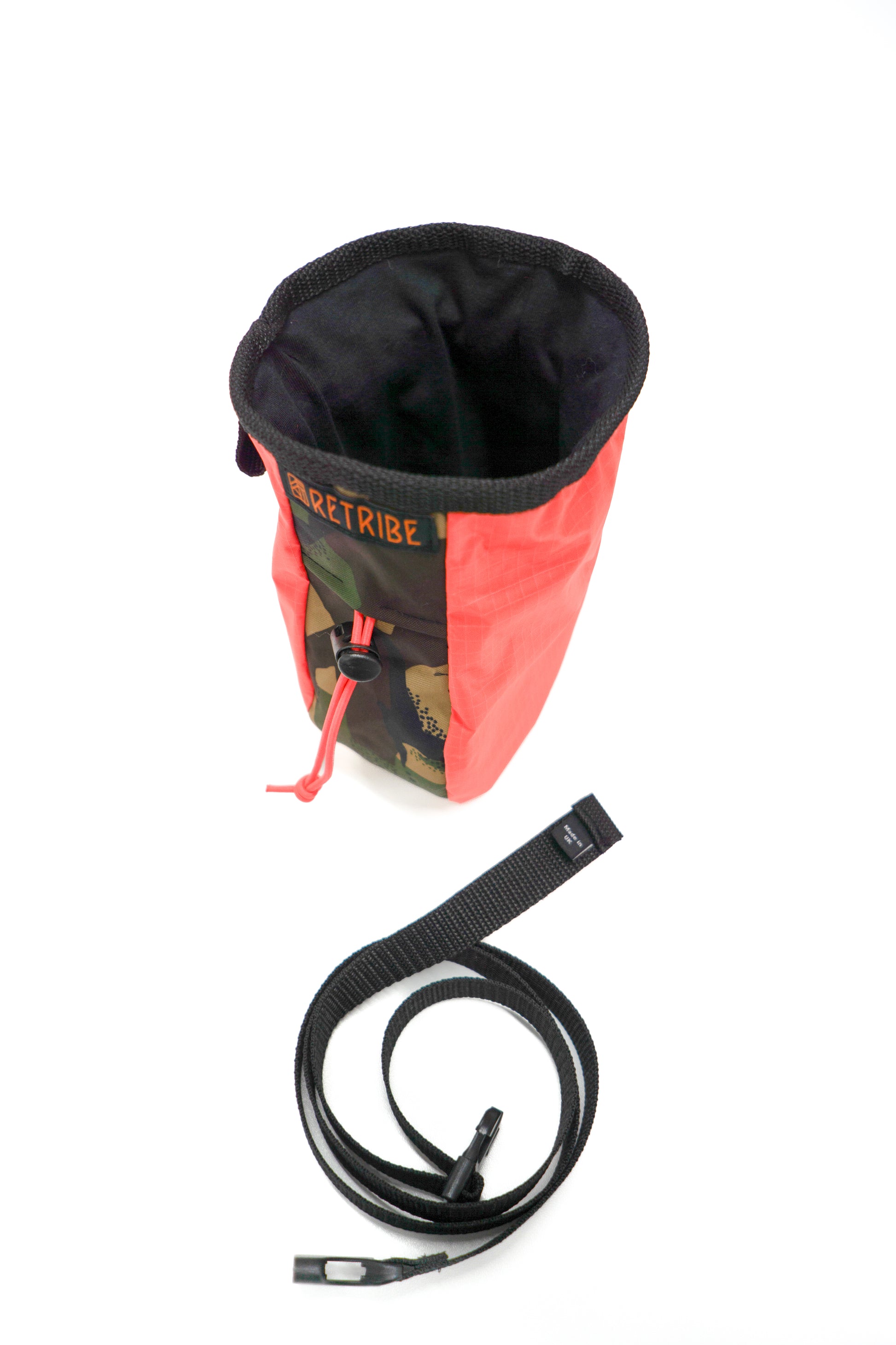 Chalk bag, made from salvaged Tents. With sides made from salvaged pink deadstock fabric. With woven a Retribe badge on the side. Black webbing waist strap.